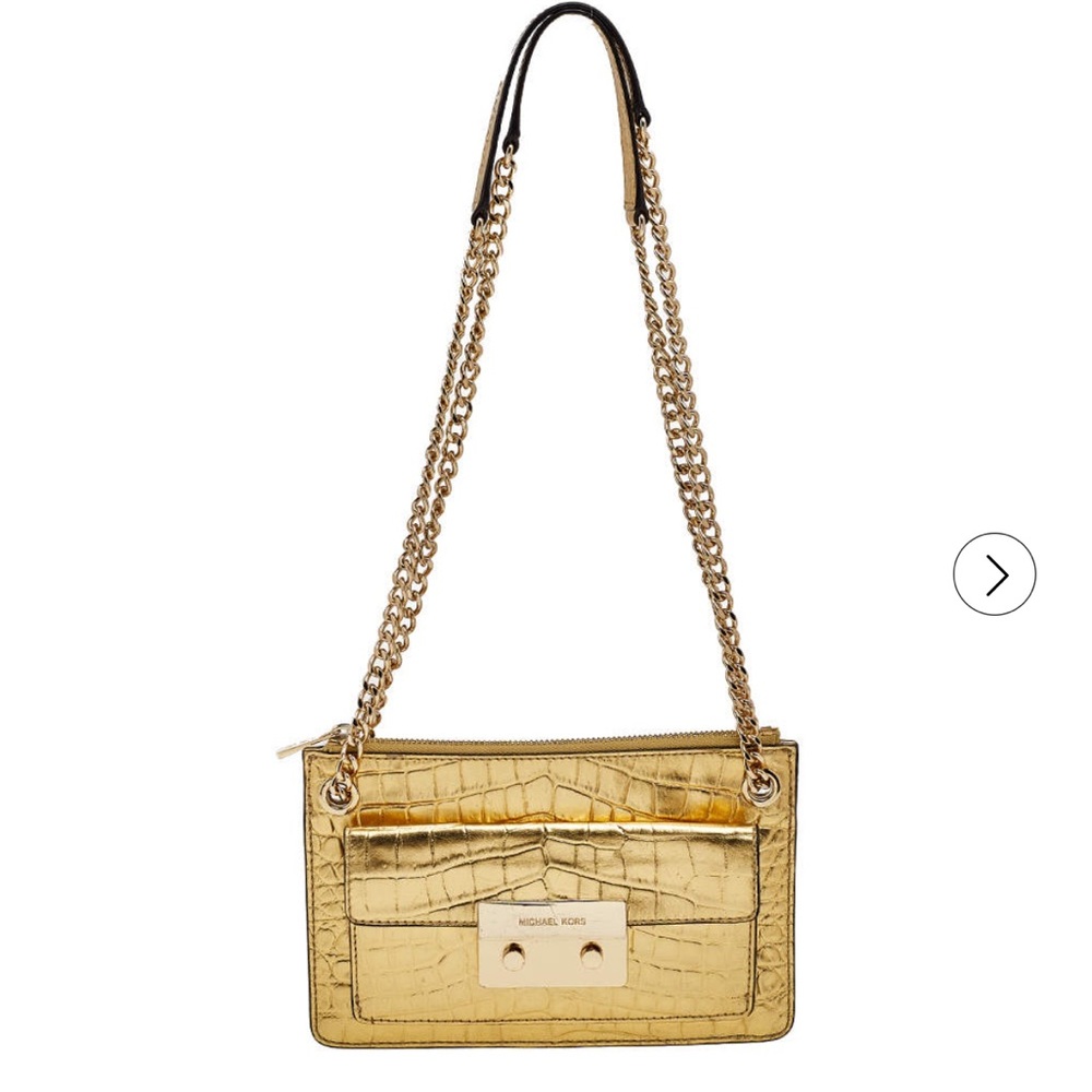 MICHAEL Michael Kors Metallic Gold Croc Embossed Leather Sloan Shoulder Bag.